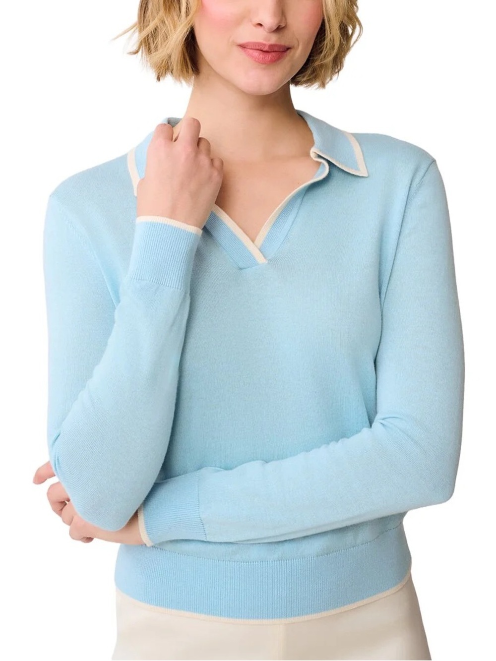 J. McLaughlin Cashmere Blend Bettina Sweater Collared in‎ Light Blue White Small